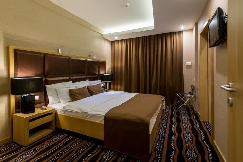 a hotel room with a bed and a television at Aquaticum Debrecen Termal & Wellness Hotel in Debrecen