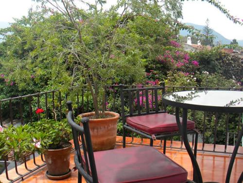a patio with a table and two chairs and a tree at Hotel Casa Madeleine B&B & Spa in Antigua Guatemala