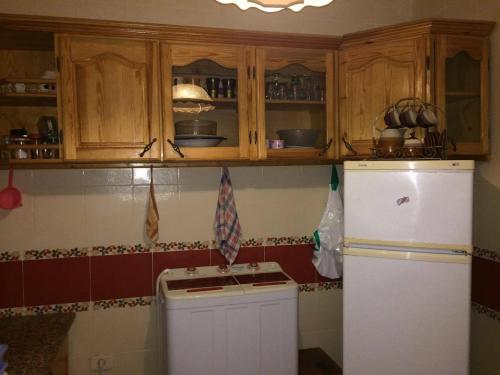 eine Küche mit Holzschränken und einem weißen Kühlschrank in der Unterkunft Maison Dhiefa in Midoun