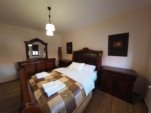 a bedroom with a bed with a dresser and a mirror at Guest house DON-lux in Pljevlja