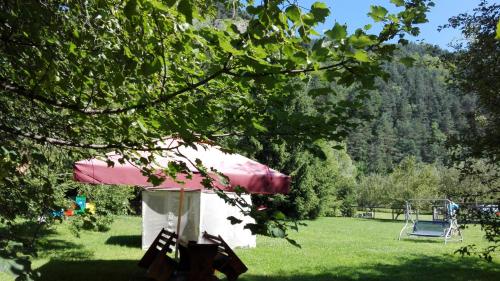 ブランにあるPensiunea Alpinのピンクの傘と野原の椅子を持つ家