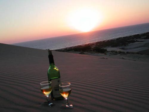 a bottle of wine and two glasses on the beach at Hotel Sema in Patara