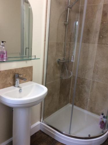 a bathroom with a shower and a sink at Zeal Farm in Dulverton