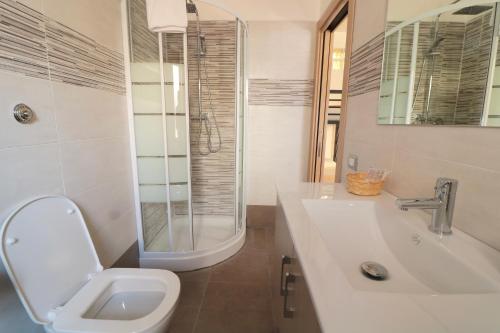 y baño con aseo, lavabo y ducha. en B&B Pietrarsa, en Portici
