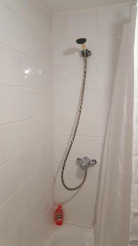 a shower with a hose in a white bathroom at Alexandra Park Town House 223 in Belfast