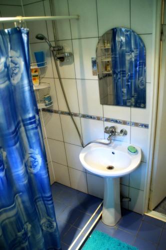 a bathroom with a sink and a blue shower curtain at Roosi Holiday Home in Rannaküla