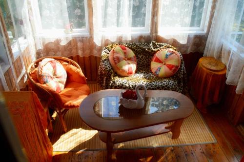 a living room with a chair and a table with a mirror at Roosi Holiday Home in Rannaküla