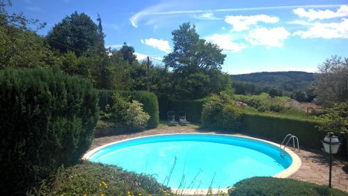 une piscine dans un jardin avec des buissons dans l'établissement B&B Le Nid Doux (Vresse-Sur-Semois/Chairière), à Vresse-sur-Semois