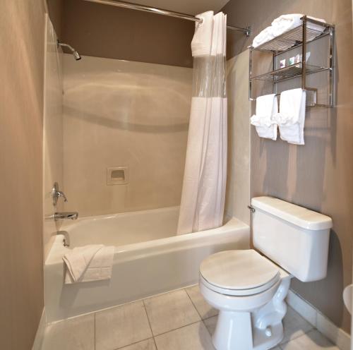 a bathroom with a white toilet and a bath tub at City Center Inn and Suites in San Francisco