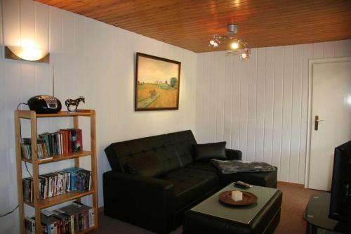 a living room with a couch and a book shelf at Ferienhaus-Maxen in Müglitztal