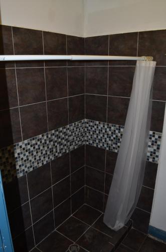 a shower with a shower curtain in a bathroom at India House Hostel in New Orleans