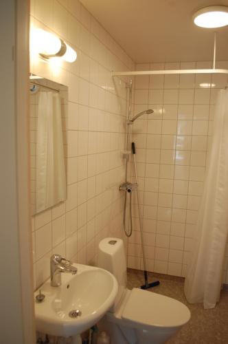 een badkamer met een wastafel, een toilet en een douche bij Allégården Kastlösa Stugor in Mörbylånga