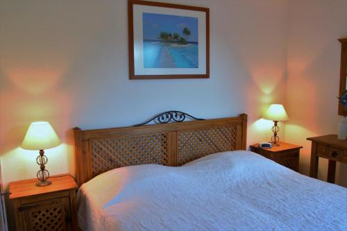 une chambre avec un lit avec deux lampes et un tableau au mur dans l'établissement Appartement les Pins Bleus A8, à Sainte-Maxime