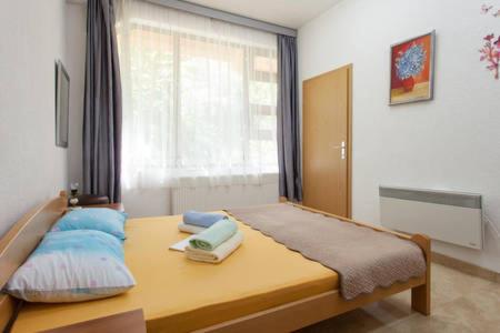 Un dormitorio con una cama con almohadas azules. en Kukunesh Apartments en Ohrid