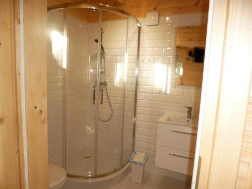 a bathroom with a shower with a toilet and a sink at Cztery Pory Roku in Trzęsacz