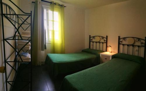 Zimmer mit 2 grünen Betten und einem Fenster in der Unterkunft Apartamentos Ferpa in Valle Gran Rey