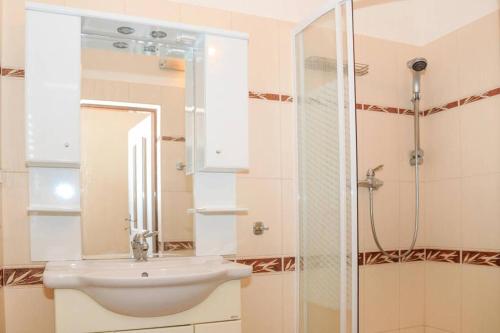 La salle de bains est pourvue d'un lavabo et d'une douche. dans l'établissement Domek U rybníčku, à Krásná Lípa