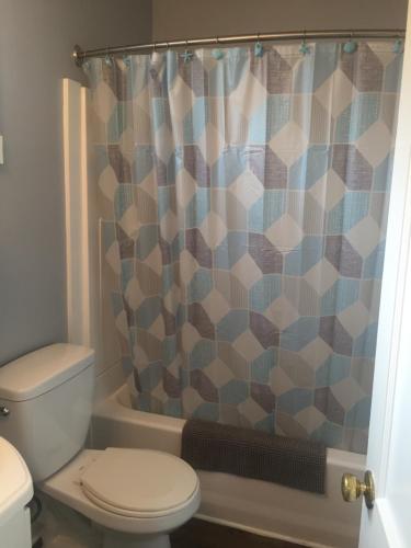 a bathroom with a toilet and a shower curtain at Drake's Island Resort & Cottages in Wells