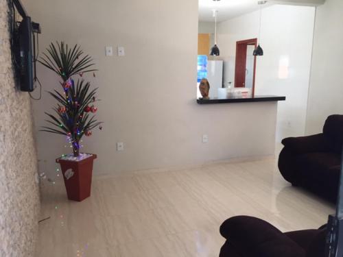 a living room with a couch and a potted plant at Casas Label - Casa B in São Thomé das Letras