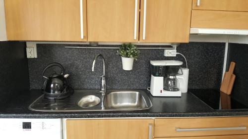 a kitchen counter with a sink and a coffee maker at City Apartment Maaherrankatu, ilmainen kadunvarsipysäköinti in Kuopio