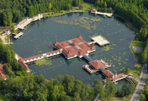 an aerial view of a large building on a lake at Majerik Hotel in Hévíz