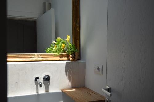 baño con lavabo con espejo y planta en Il nido di Ale, en San Gregorio di Catania