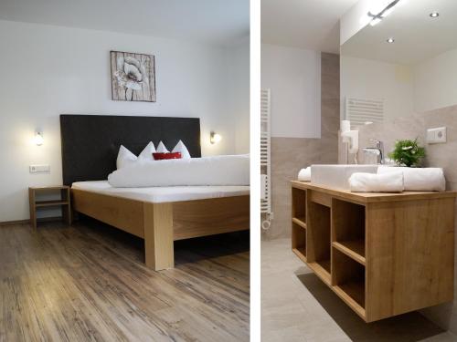 two pictures of a bedroom with a bed and a sink at Pension Apartment Erna in Resia