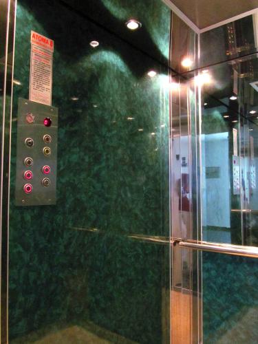ルトラ・エディプソスにあるPagona Hotelの緑の壁の客室で、冷蔵庫が備わります。