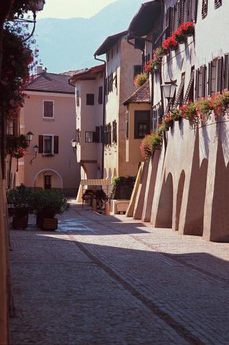 an alley with flowers on the side of a building at Hotel Andreas Hofer in Egna