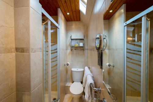 a bathroom with a toilet and a glass shower at Adria Hotel in London