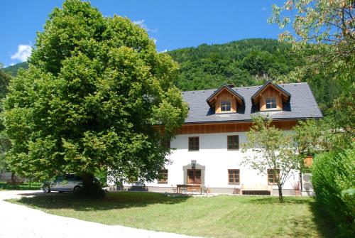 duży biały dom z drzewem przed nim w obiekcie Country House Trata w mieście Kranjska Gora
