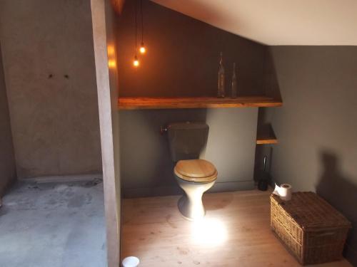 a bathroom with a toilet with a wooden seat at La Rosière in Auzelles