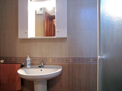 y baño con lavabo, espejo y ducha. en Apartamento Rural Lobo, en Ucero