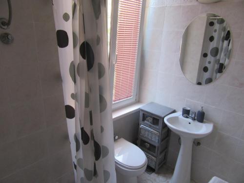 een badkamer met een toilet, een wastafel en een spiegel bij apartment Eva in Pula