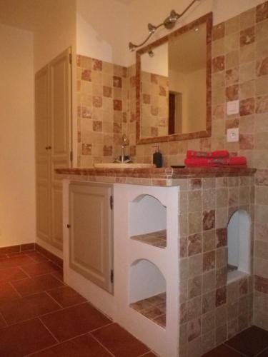 un bagno con lavandino e specchio di La mordorée a La Motte-dʼAigues