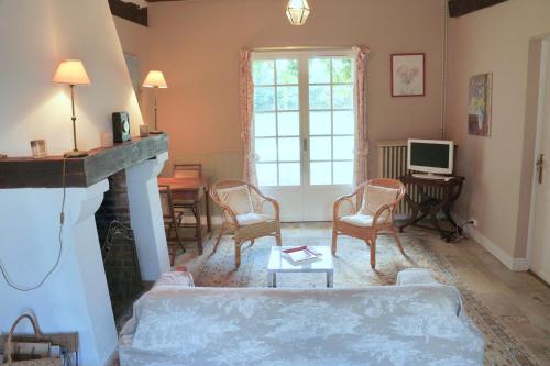ein Wohnzimmer mit einem Sofa und einem Kamin in der Unterkunft Les Hauts de Chaume in Génillé