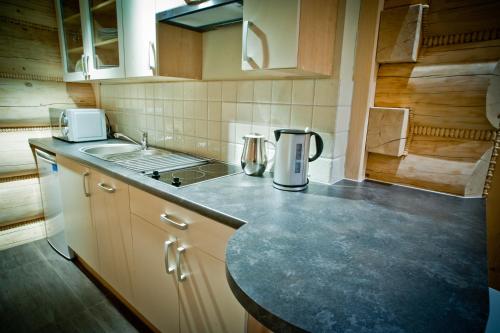 a kitchen with a counter top and a sink at Chaty Zakopane in Zakopane