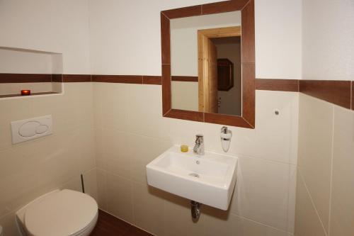 a bathroom with a sink and a toilet and a mirror at Appartements Alpenkristall in Zell am Ziller