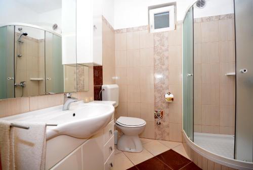 La salle de bains est pourvue d'un lavabo, de toilettes et d'une douche. dans l'établissement Apartment Zita, à Zadar