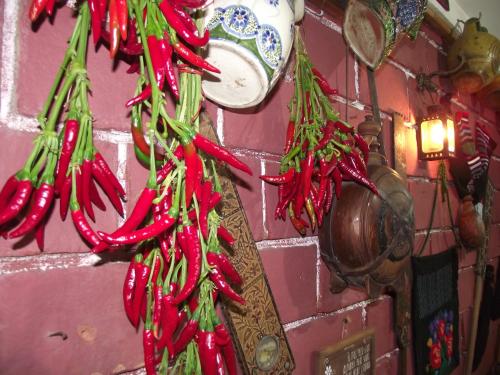a bunch of chili peppers hanging from a wall at Vila Milenovic Rajacke Pivnice in Rajac