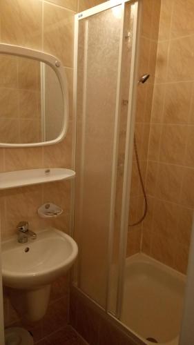 uma casa de banho com um chuveiro, um lavatório e um WC. em Hostel Dworek Osiecki KORAL em Osieki