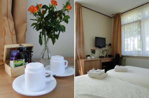 two pictures of a room with a bed and a vase with orange flowers at Hotel De Lange Jammer in Lelystad