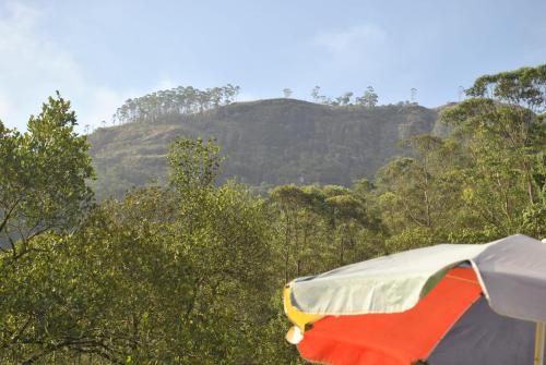 a tent with trees and a mountain in the background at Mountain Villa Adam's Peak in Adams Peak