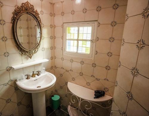 a bathroom with a sink and a mirror at Le Compostelle de Conques in Conques-en-Rouergue