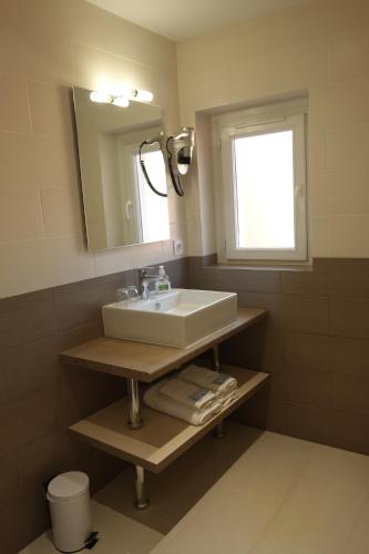 a bathroom with a sink and a mirror at Hotel le Préjoly in Saint-Vallier-de-Thiey
