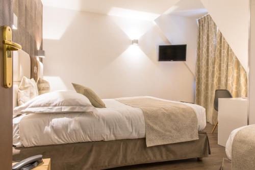 a bedroom with a bed and a tv on the wall at Hôtel des Princes, Chambéry Centre in Chambéry