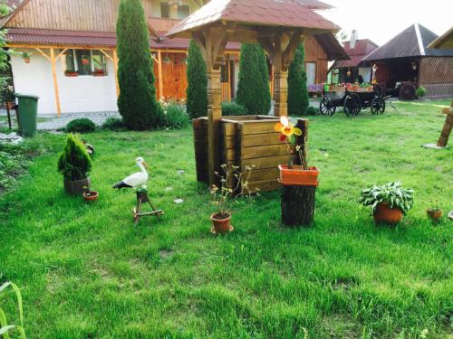 a bird standing in a yard with a gazebo at Pensiunea Anca Sapanta-primeste carduri de vacanta in Săpînţa