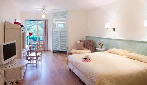 a bedroom with a bed and a desk with a television at Résidence les Grands Pins in Gréoux-les-Bains