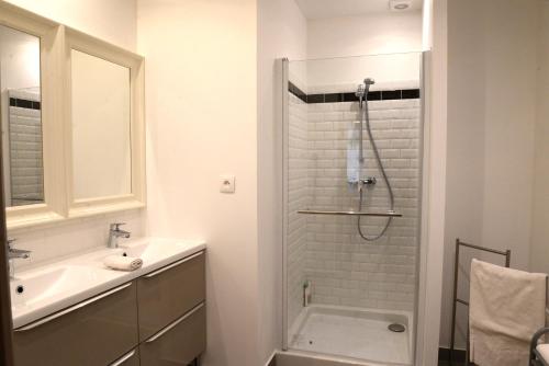 uma casa de banho com um chuveiro e um lavatório. em Les Chambres Panda em Saint-Aignan