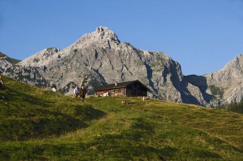 a house on a hill with a mountain in the background at Haus Loferer in Sankt Martin bei Lofer
